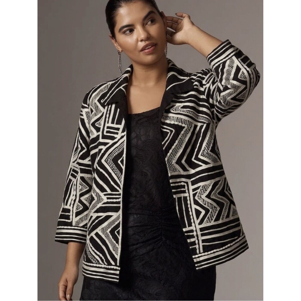Chico's Ribbon Trim Embroidered Jacket Size 3 XL Geometric 3D Artsy Cotton Linen